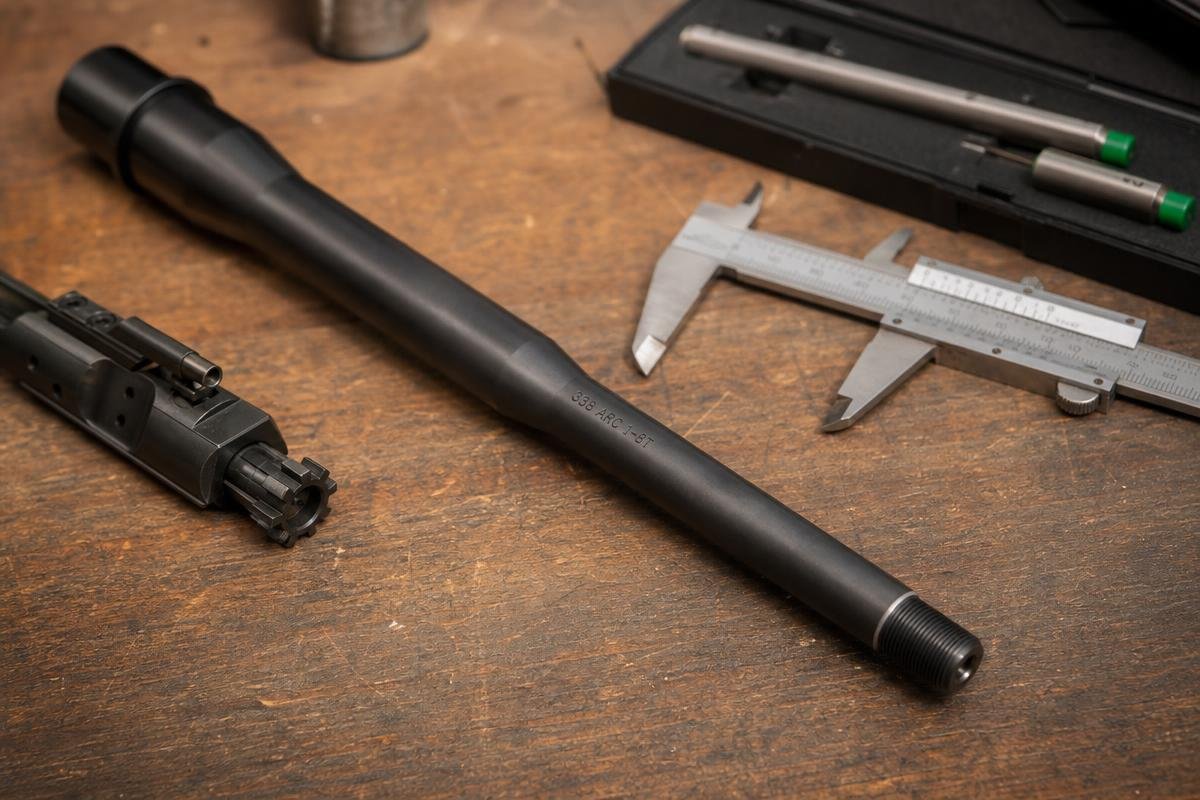 338 ARC barrel for long-range accuracy on gunsmith workbench