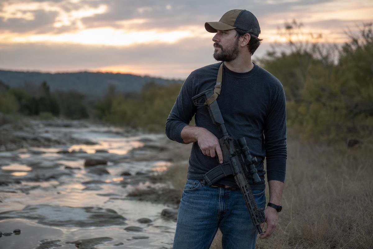 A man standing in an open field holding a rifle at sunset.