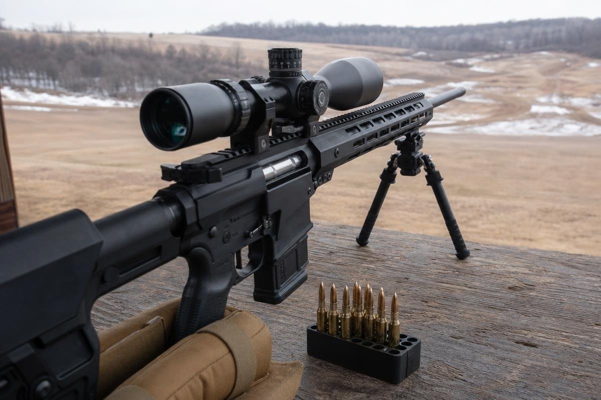 A long-range AR-15 rifle with a scope and bipod set up on a shooting bench next to a box of ammunition.