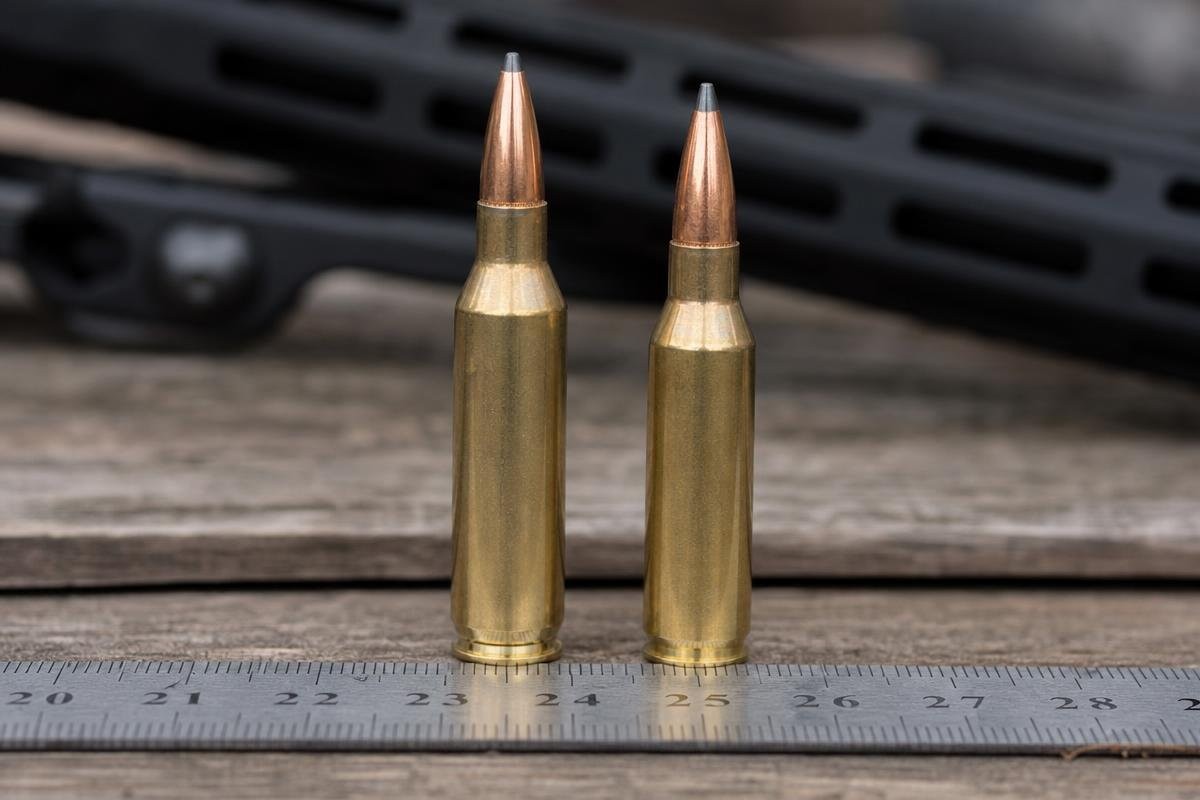 Two rifle cartridges of different sizes standing upright on a machinist ruler in front of a black M-LOK handguard, showing the case length difference.