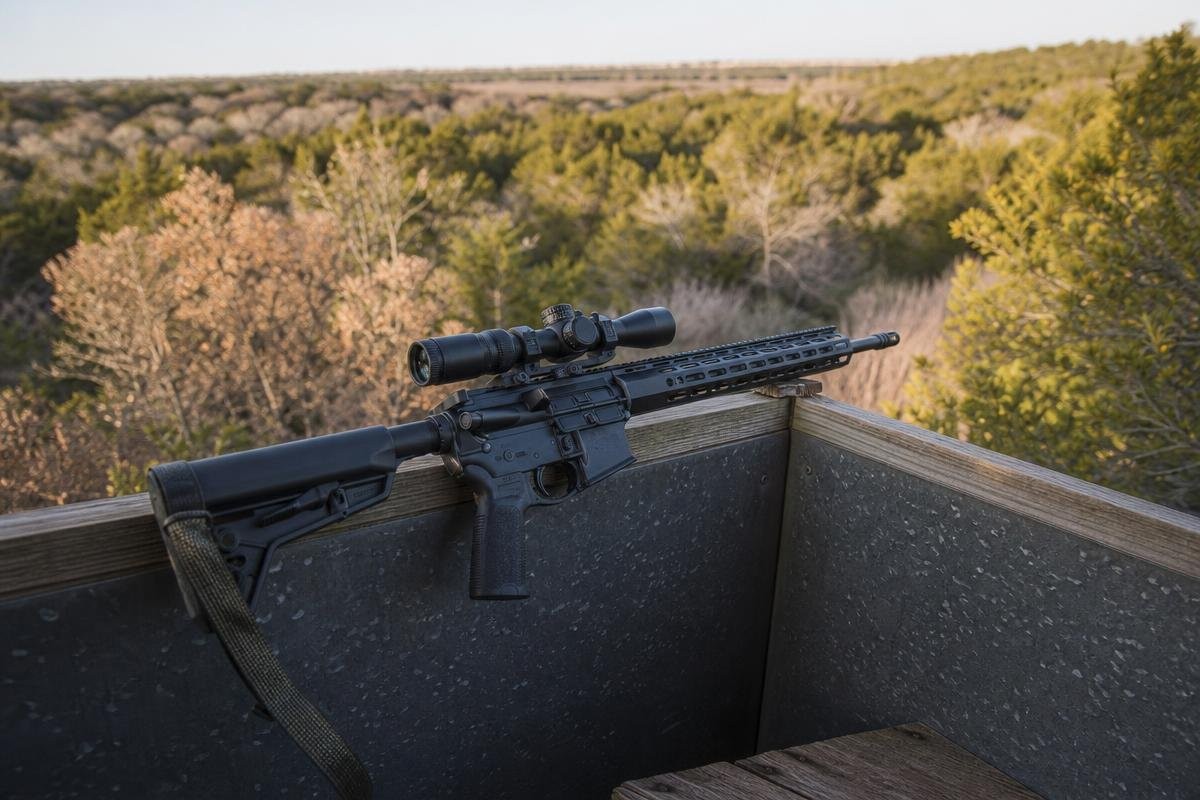 A rifle with a scope resting on a wooden hunting blind ledge overlooking a brushy landscape.