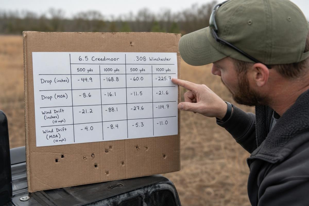 A person pointing at a ballistics table comparing 6.5 Creedmoor and .308 Winchester.