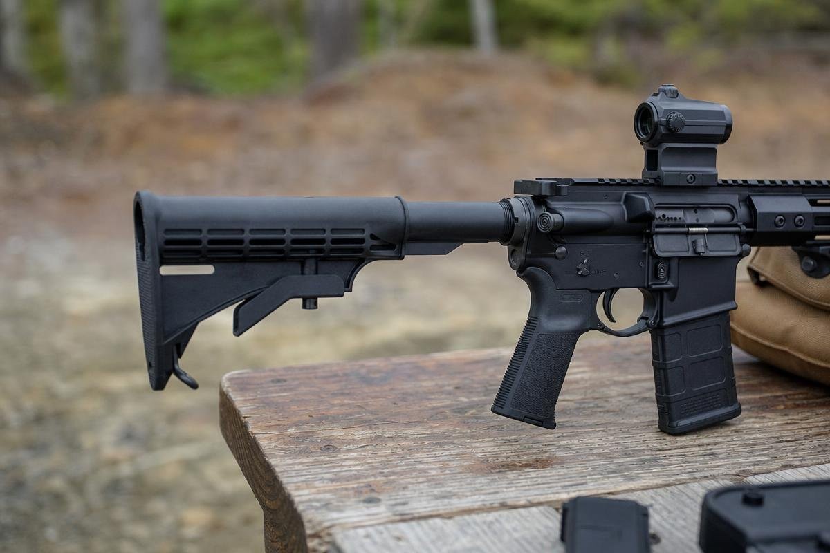 An AR-15 rifle fitted with a black collapsible stock resting on a wooden surface.