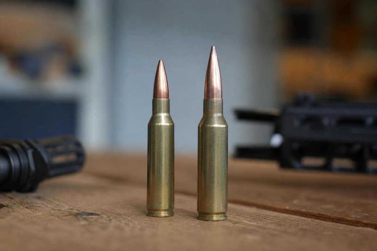 Two 6.5mm rifle cartridges standing upright on a wooden surface.