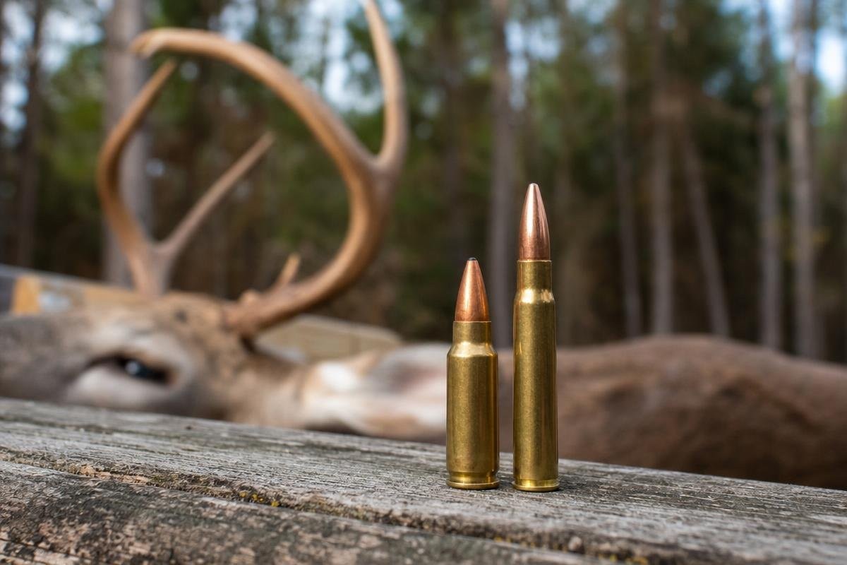 Two rifle cartridges standing on a wooden surface with a deer visible in the background.