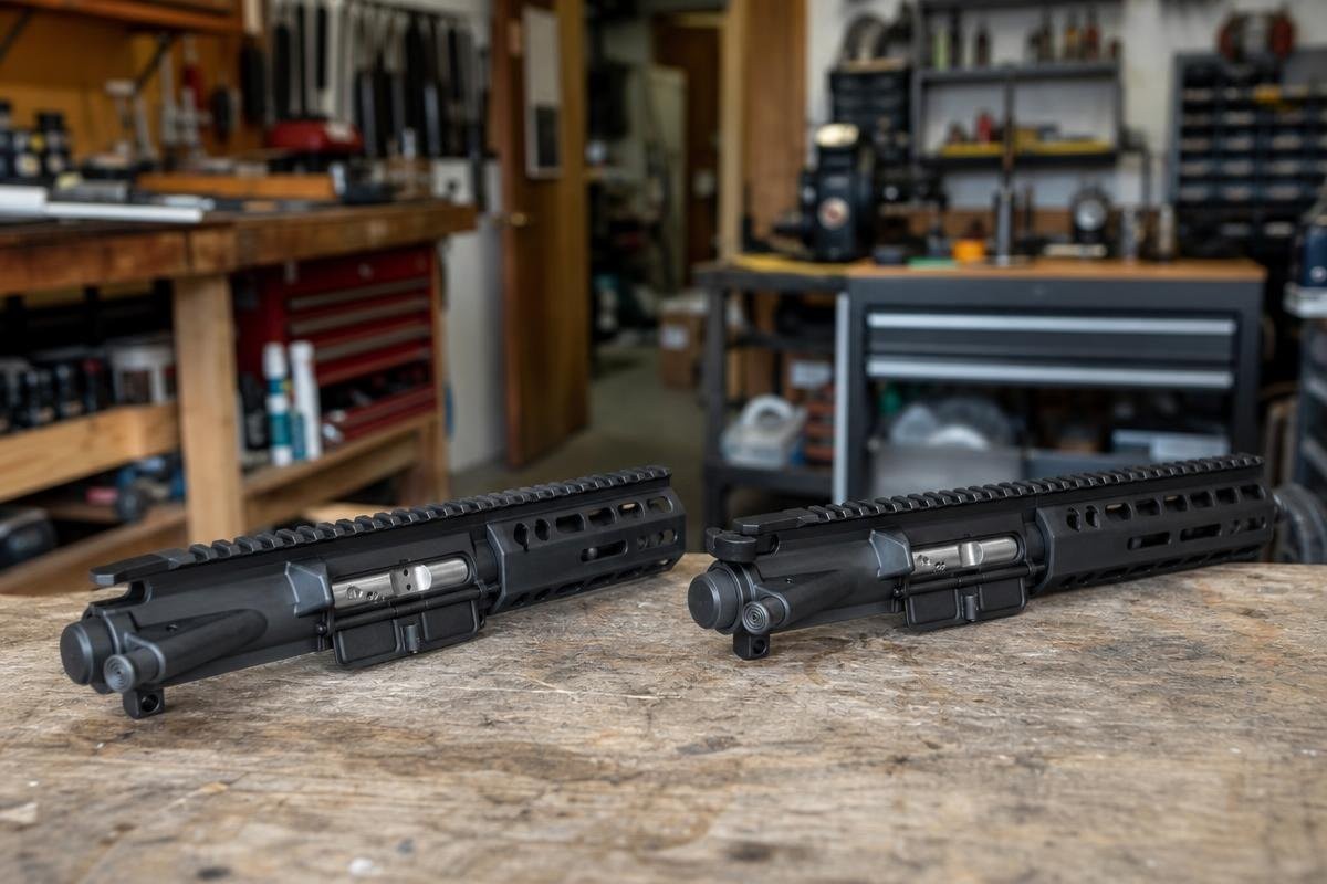 Two rifle upper receivers laid out on a wooden workbench.