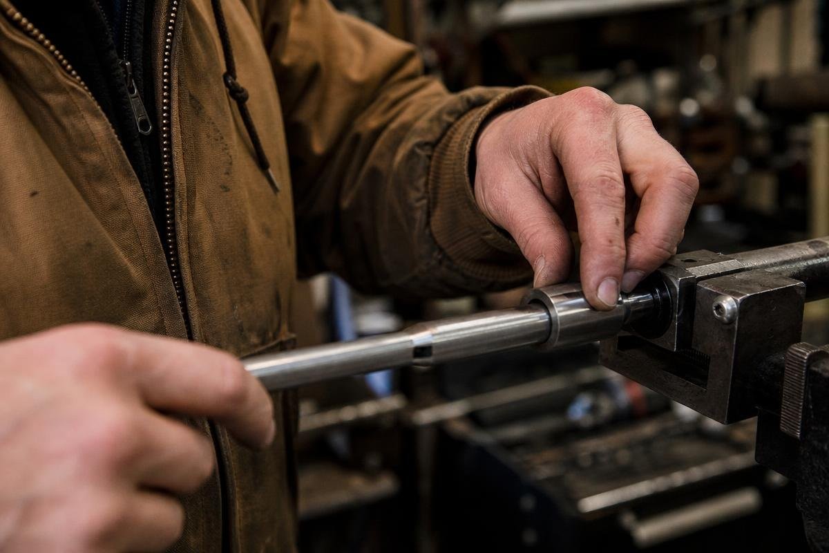 A machinist working on a rifle barrel in a workshop.