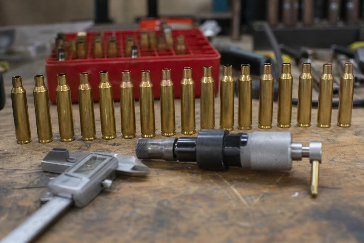 A row of brass rifle casings on a workbench with a caliper and a reloading tool in the foreground.