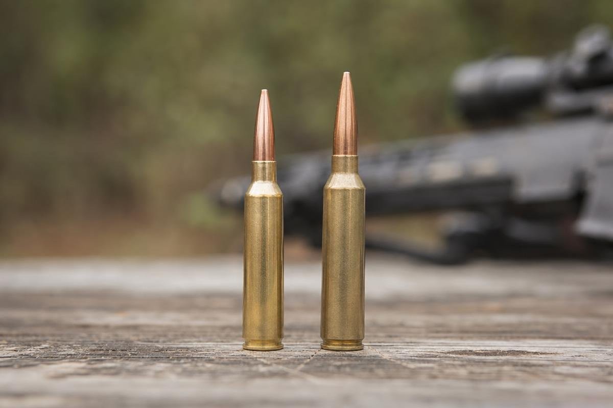 Two rifle cartridges standing upright on a weathered wooden surface with a scoped rifle blurred in the background.