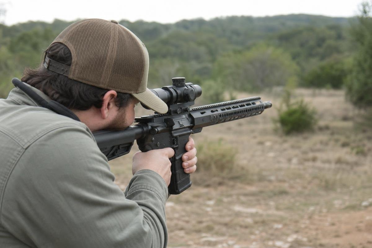 A shooter aiming an AR-15 rifle in an outdoor field setting.