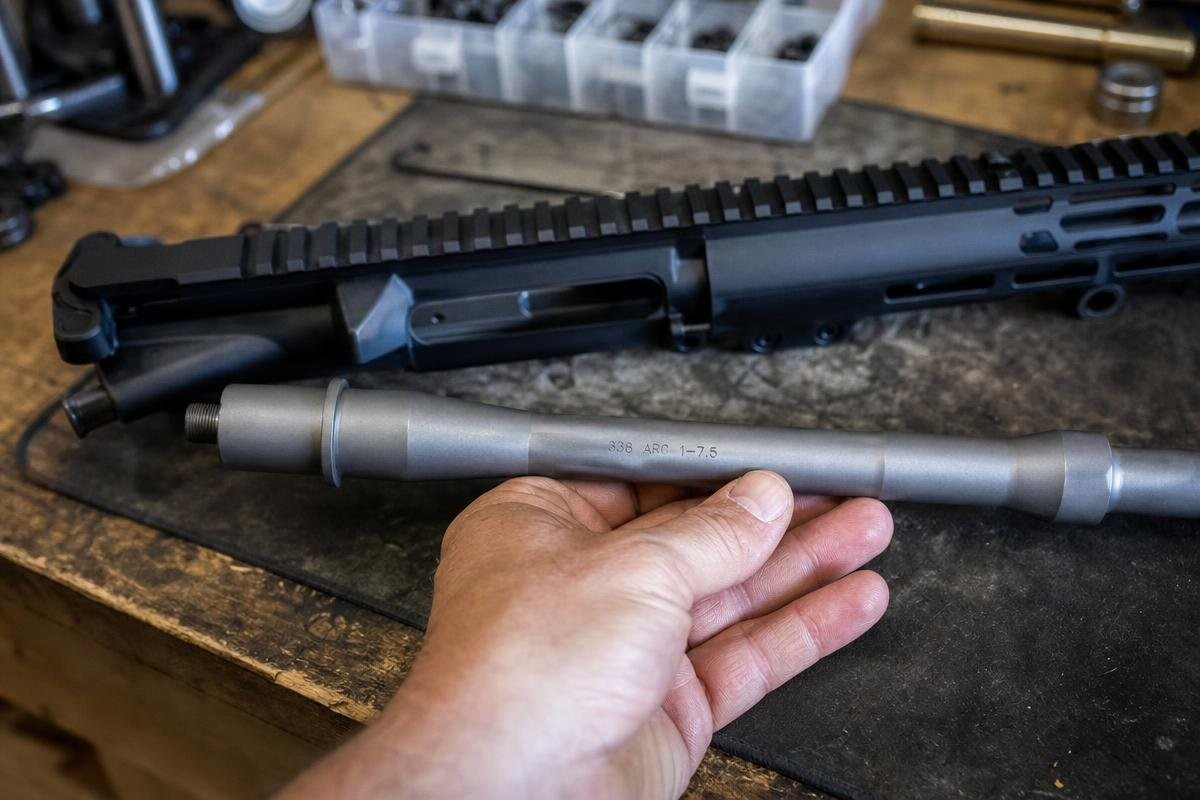 A 338 ARC barrel held in hand with an AR-15 upper receiver in the background.