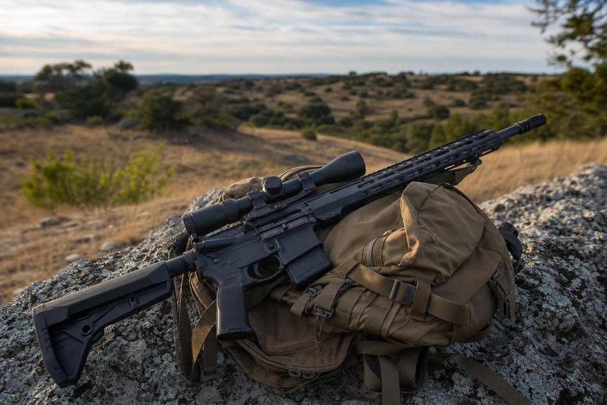 A black AR-15 rifle with a scope resting on a brown tactical backpack on a rocky surface in a field.