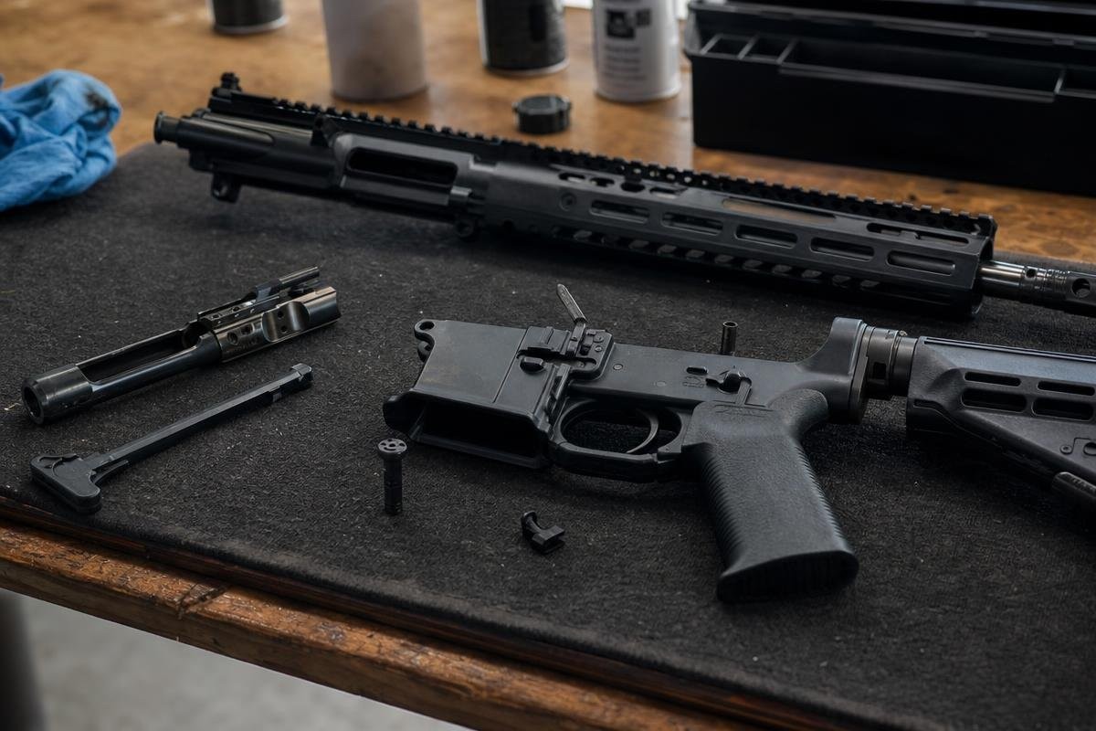 An AR-15 rifle partially disassembled on a workbench for cleaning.