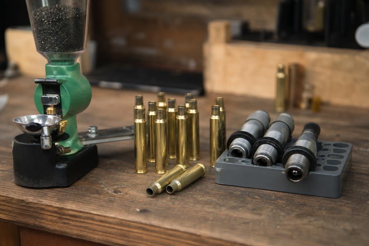 A reloading setup with a powder measure, brass cases, and a set of reloading dies on a wooden workbench.