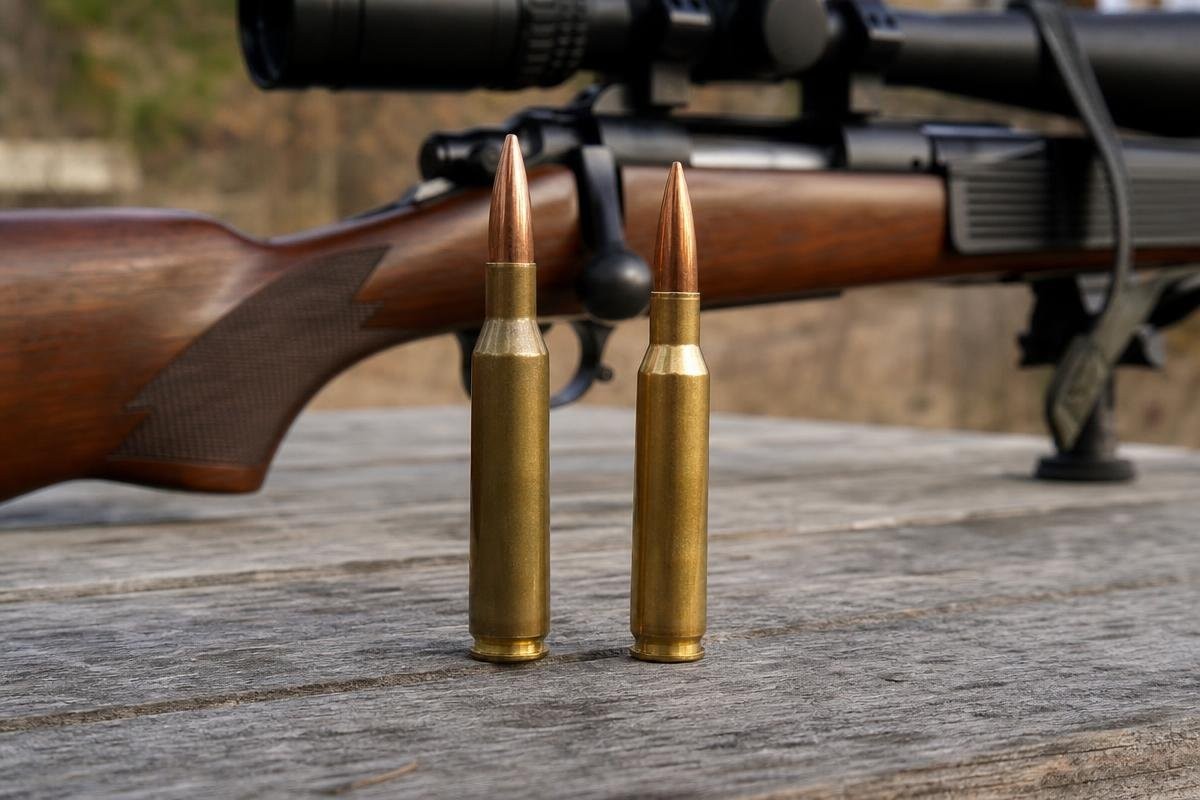 Two rifle cartridges standing upright on a wooden surface with a rifle blurred in the background.