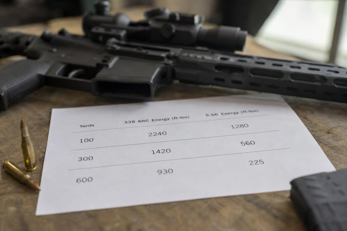 A rifle on a table next to a printed chart comparing ballistic energy between 338 ARC and 5.56 ammunition.