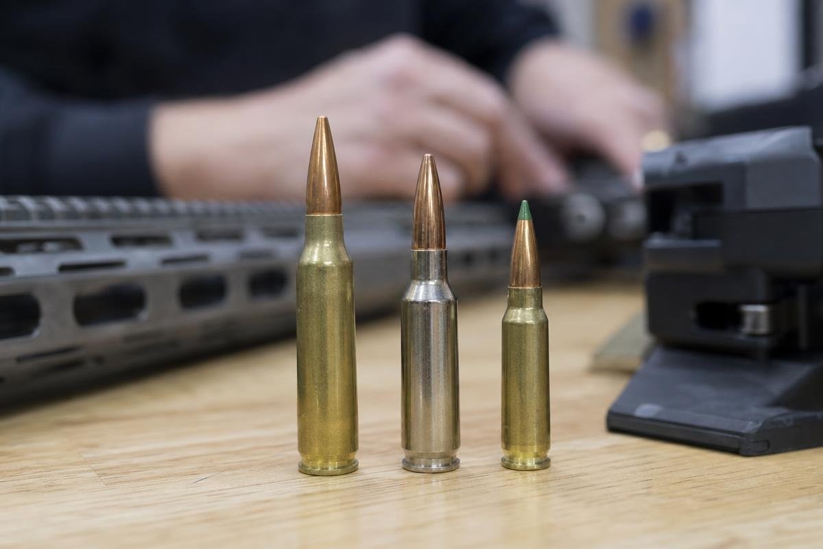 Three rifle cartridges of different diameters standing on a wooden surface with an AR-15 rifle and magazine behind them.