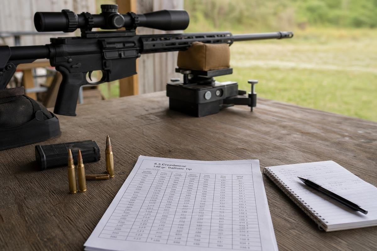 A rifle resting on a shooting rest with a printed ballistic data sheet on the bench.