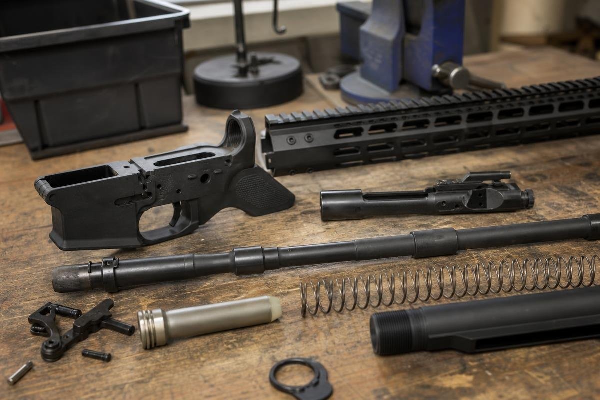 AR-10 parts laid out across a workbench ready for assembly.