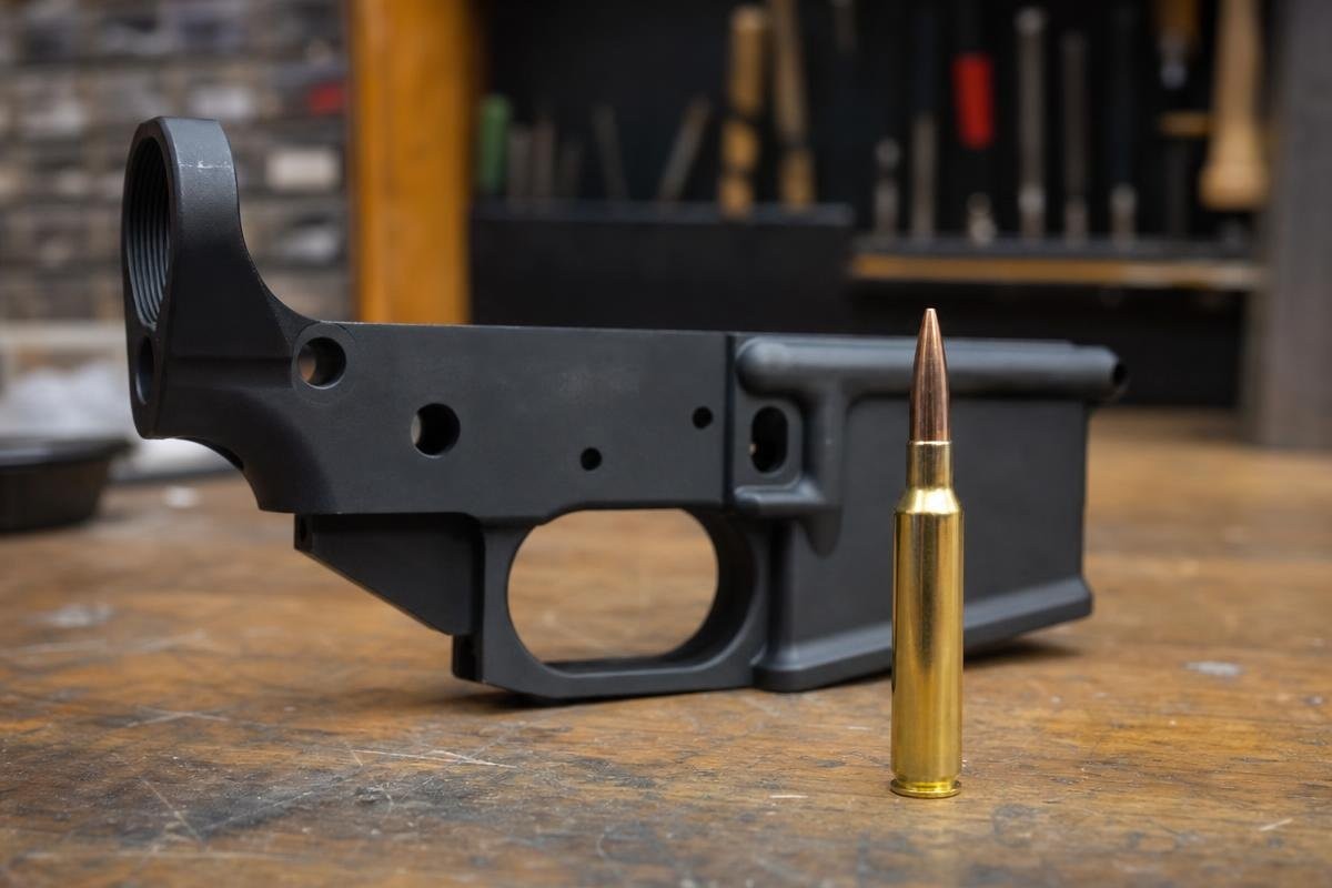 A 338 ARC cartridge standing upright in front of an AR-15 receiver on a workbench.