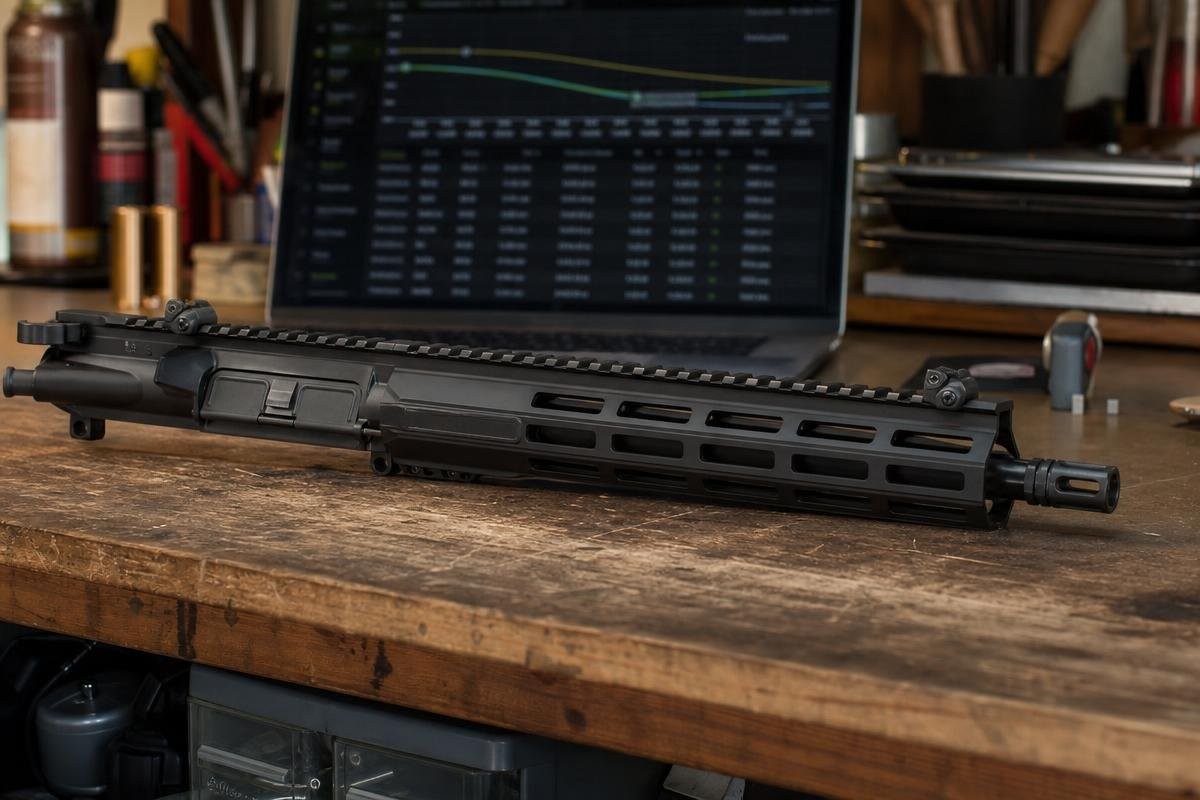 An AR-15 upper receiver on a wooden workbench in front of a laptop displaying a ballistics chart.