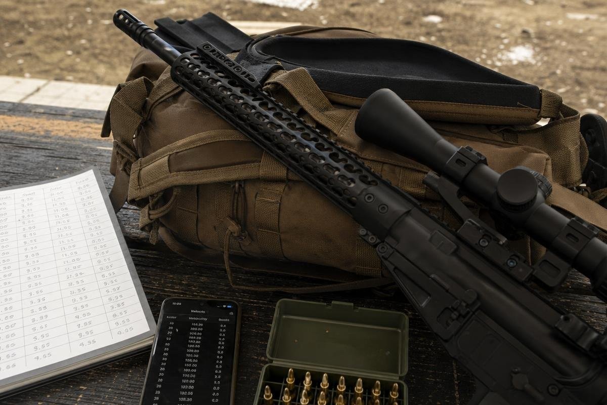 A rifle with a scope resting on a shooting bag next to a ballistics chart and a box of ammunition.
