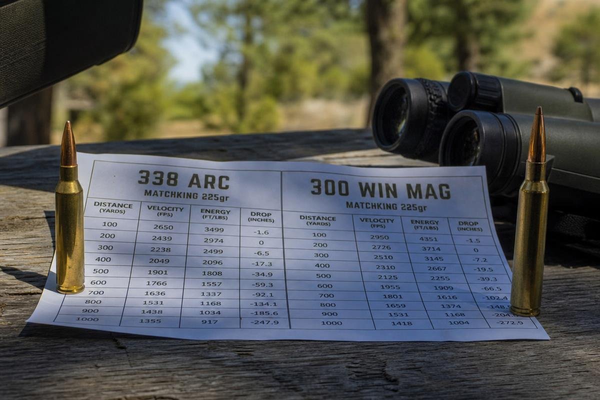 338 ARC ballistics vs 300 Win Mag velocity and energy drop chart