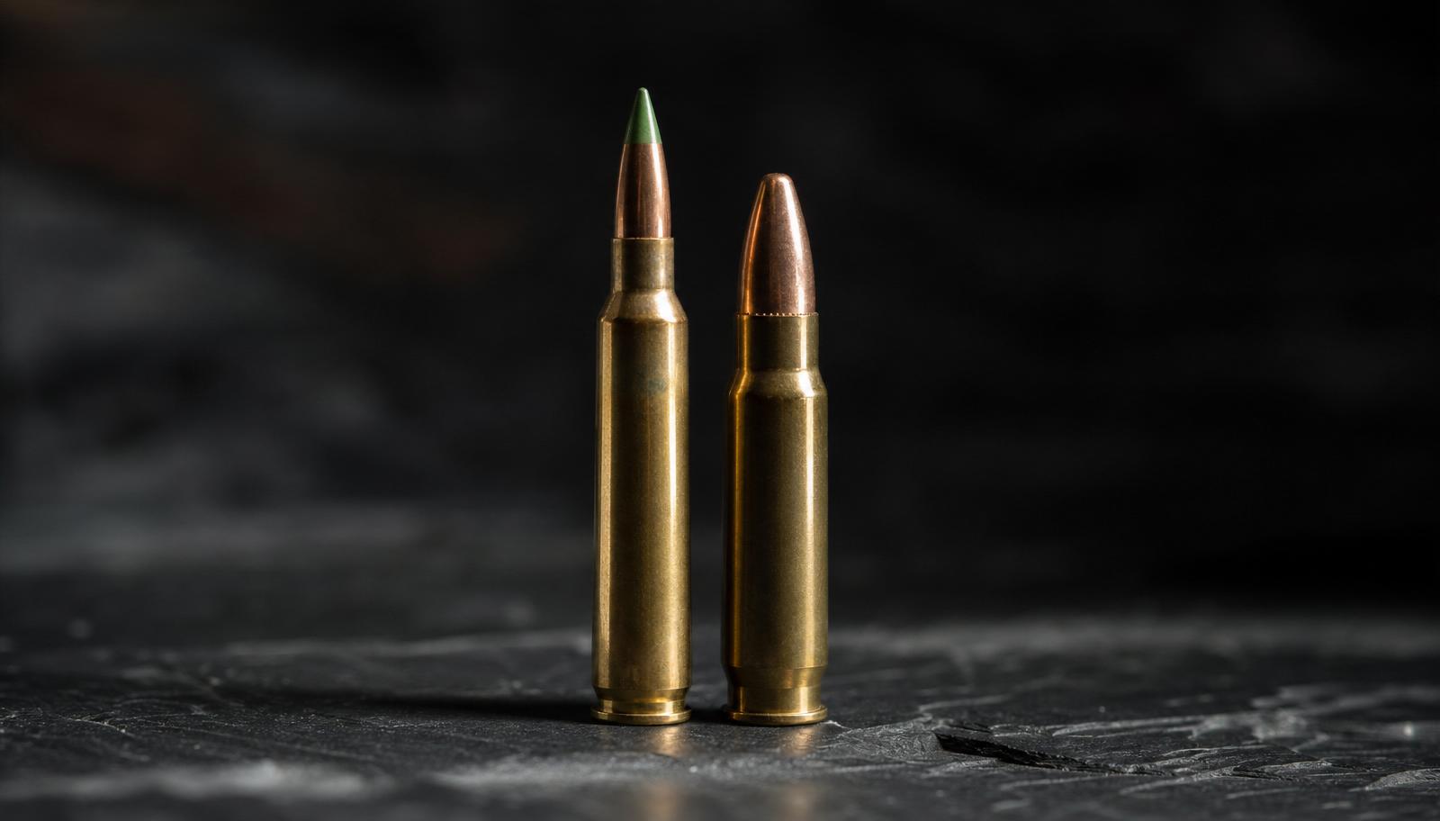 A 5.56 NATO green-tip cartridge standing next to a heavier .300 Blackout cartridge on dark slate, showing the size and profile difference.