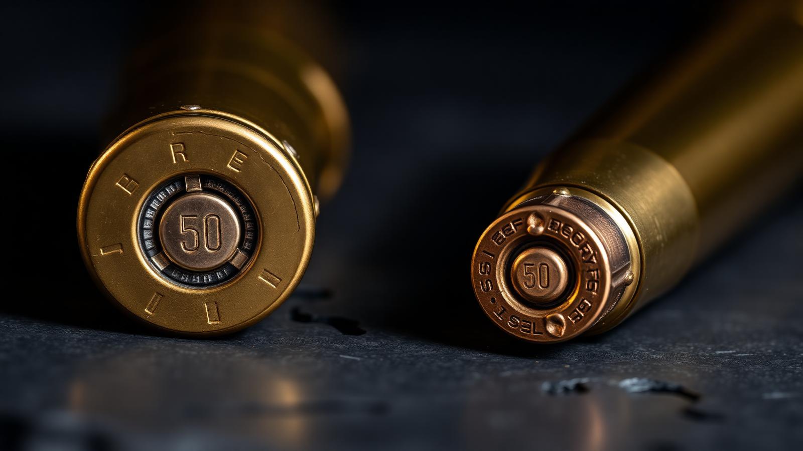 Two large caliber AR-15 rifle cartridges shown side by side, .458 SOCOM and .50 Beowulf, on dark slate.