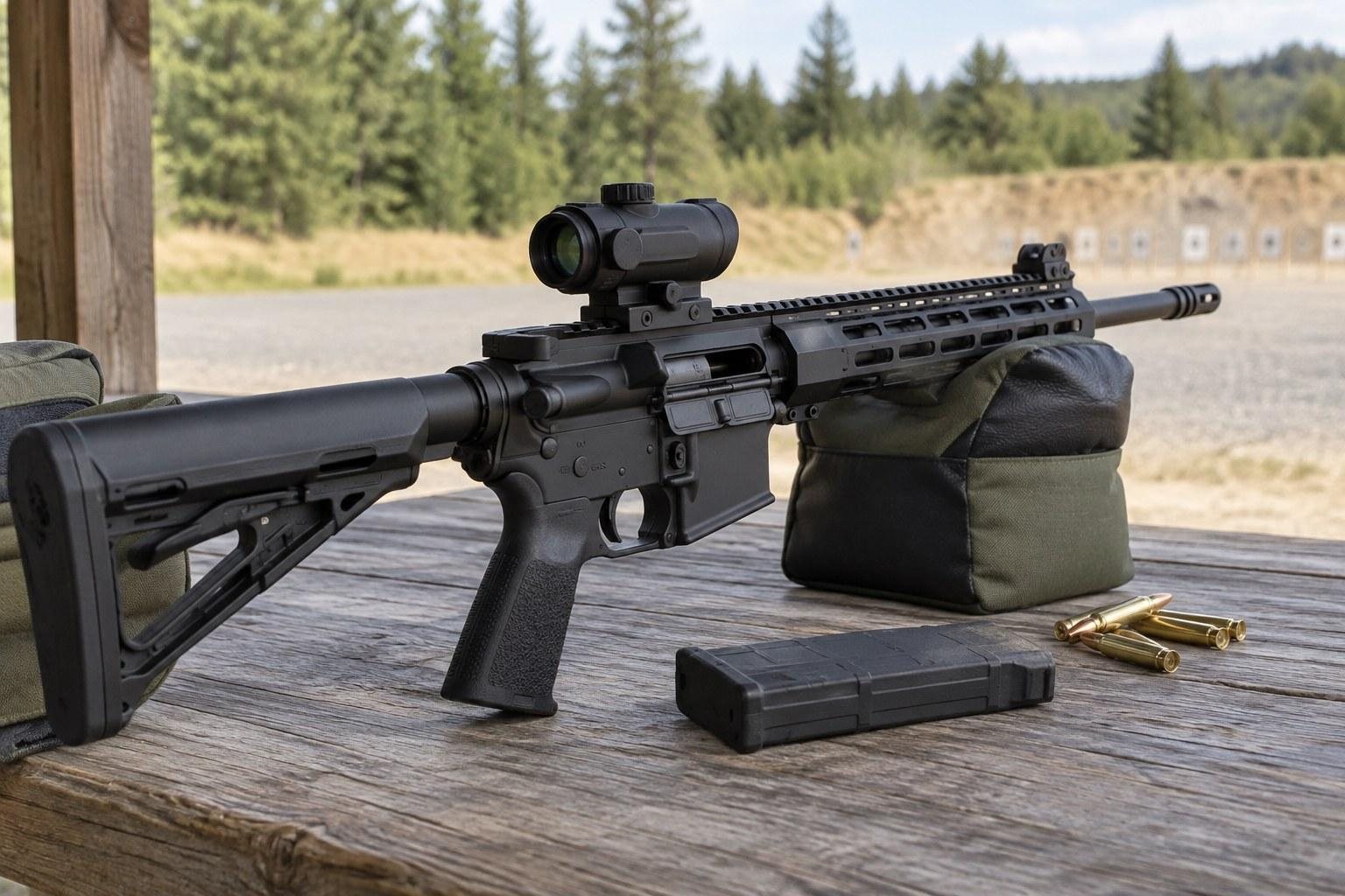 Black rifle with compact optic on a shooting bench, beside a green rest, magazine, and loose cartridges.