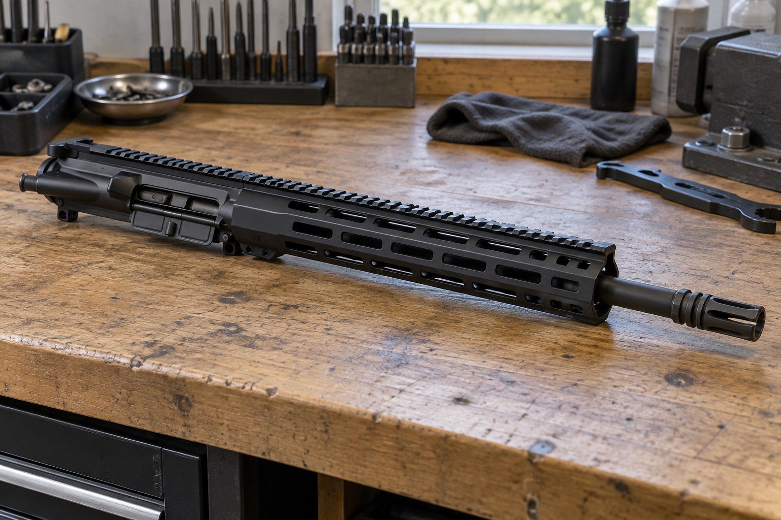 Black rifle with long ventilated handguard lying diagonally across a wooden workbench with tools behind it.