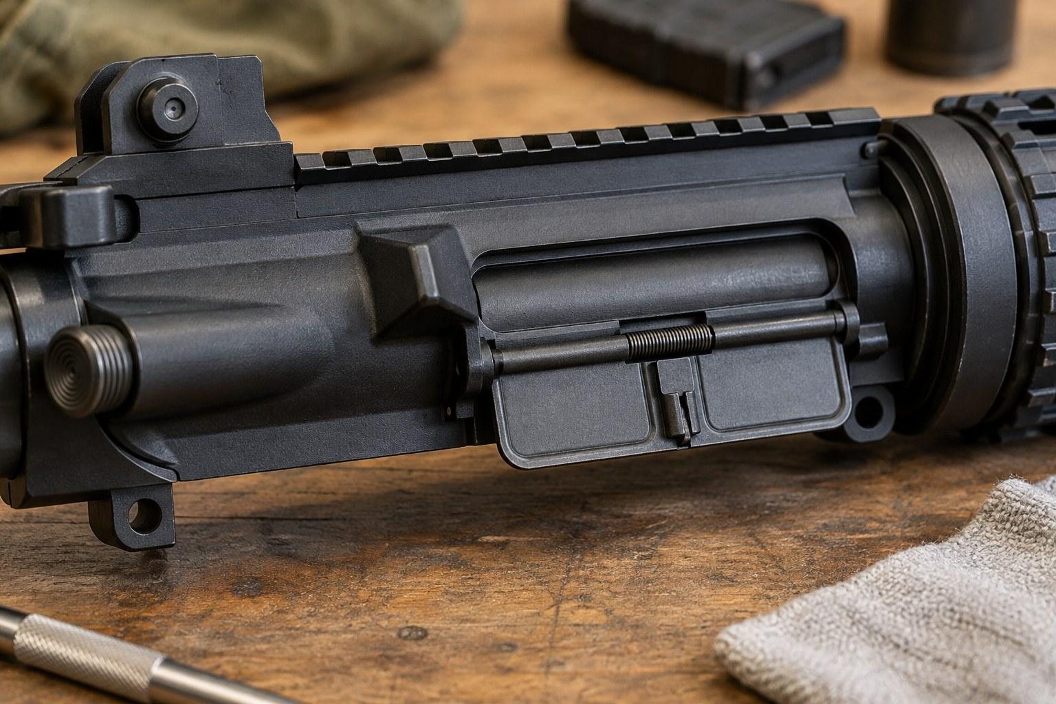 Close-up of a black rifle receiver and rail resting on a wooden workbench beside a folded cloth.