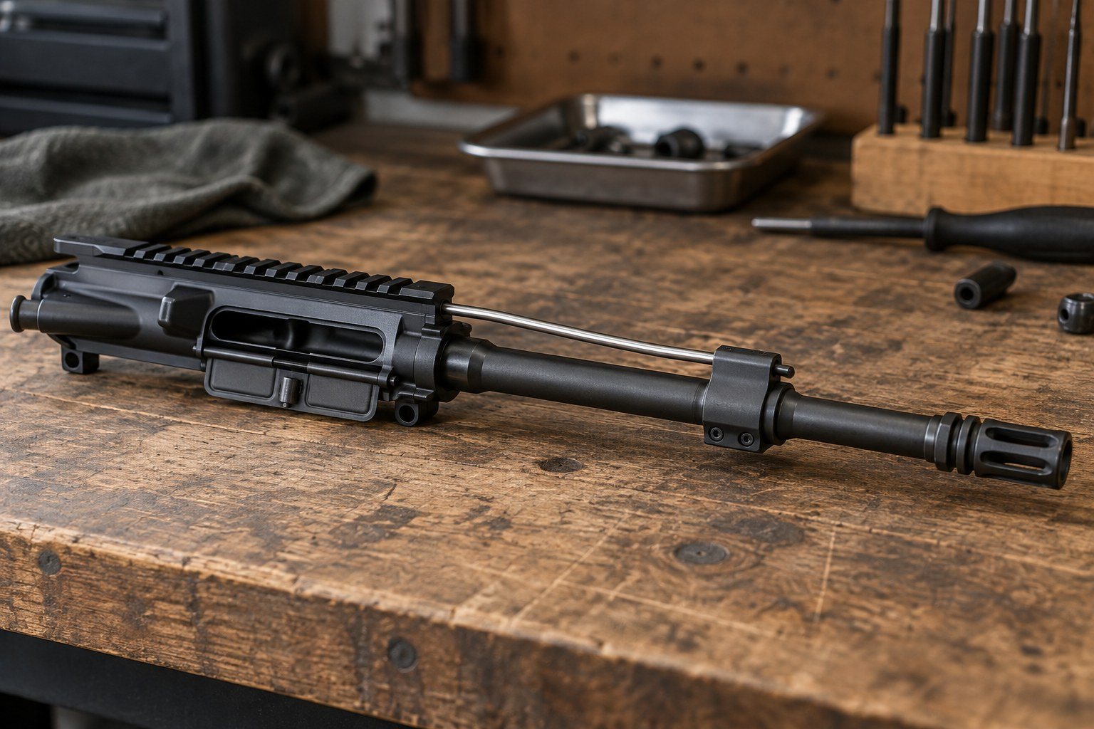 Black rifle upper assembly on a wooden workbench, with a cloth, tray, and tools in the background.