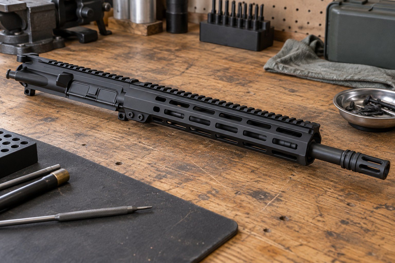 Black rifle upper assembly lies diagonally across a wooden workbench beside tools, a metal dish, and storage containers.