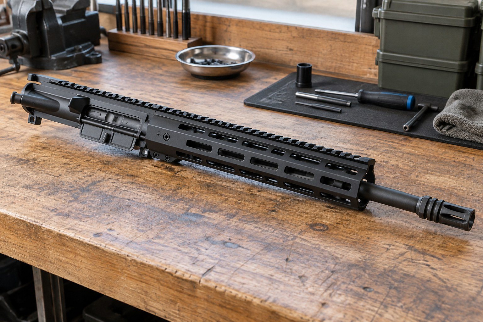 Black rifle upper assembly resting diagonally on a wooden workbench with tools, containers, and a metal dish.