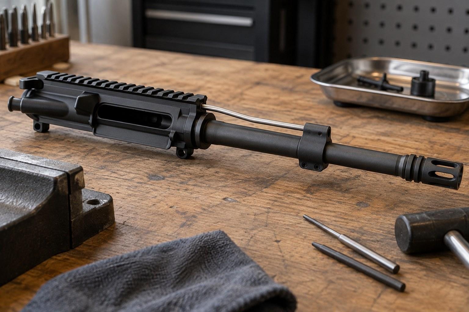 Black rifle upper assembly with barrel and muzzle device on a wooden workbench