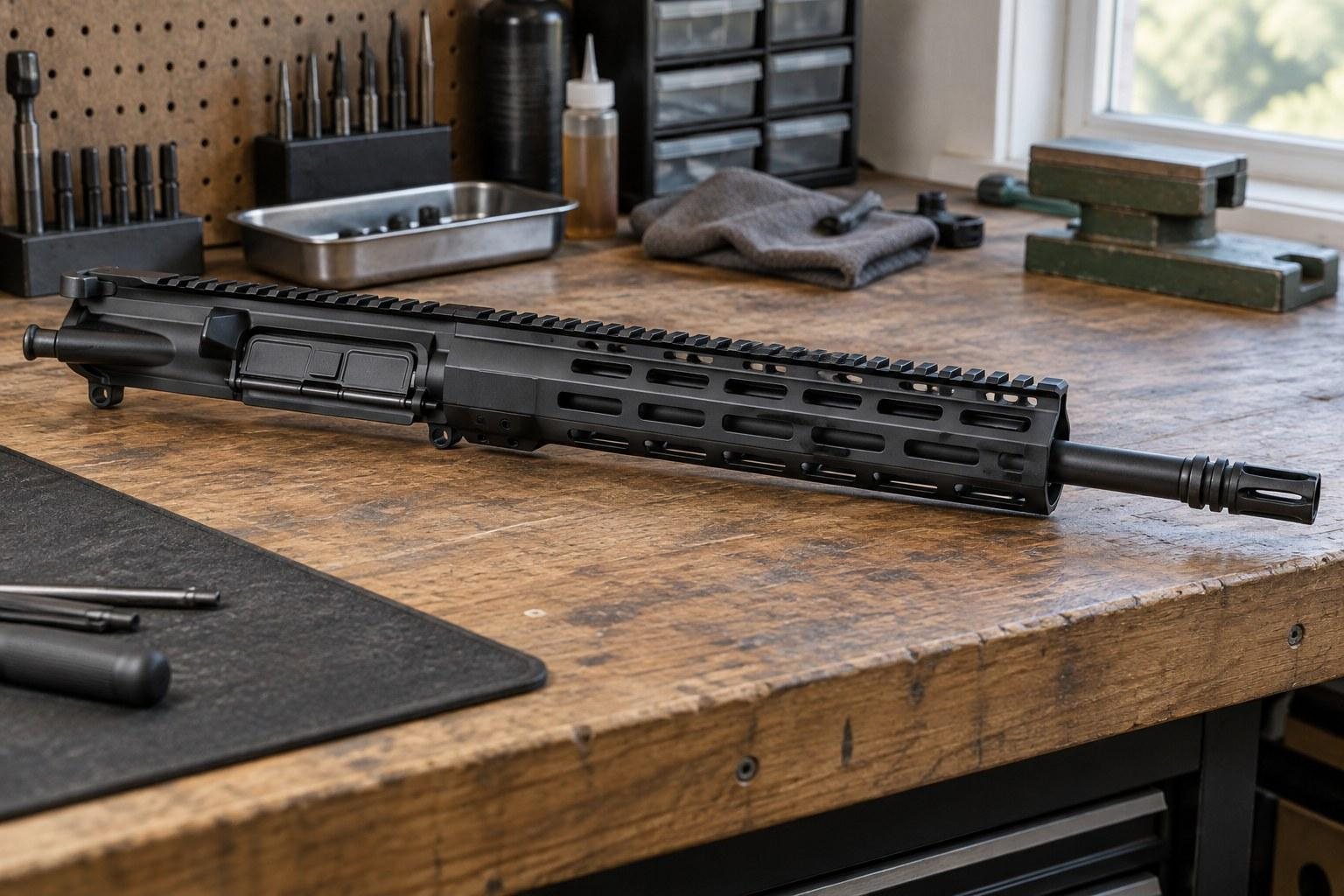 Long black rifle resting on a workshop bench beside tools and storage drawers