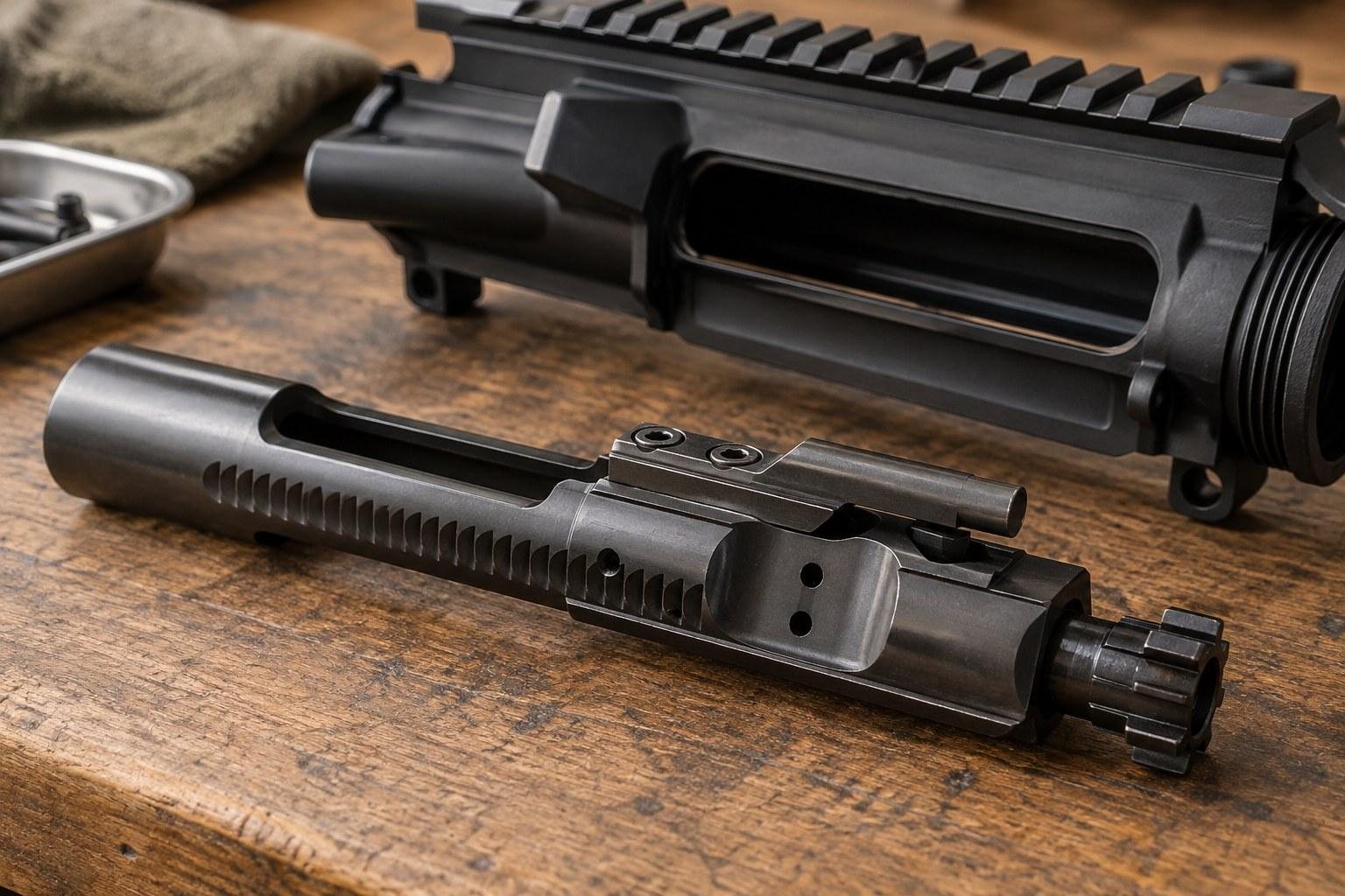 Close-up of black upper receiver and separate bolt carrier assembly on a wooden bench