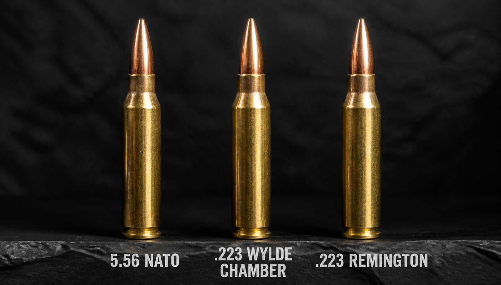 Three rifle cartridges standing side by side: 5.56 NATO, .223 Wylde chamber reference, and .223 Remington on dark slate.