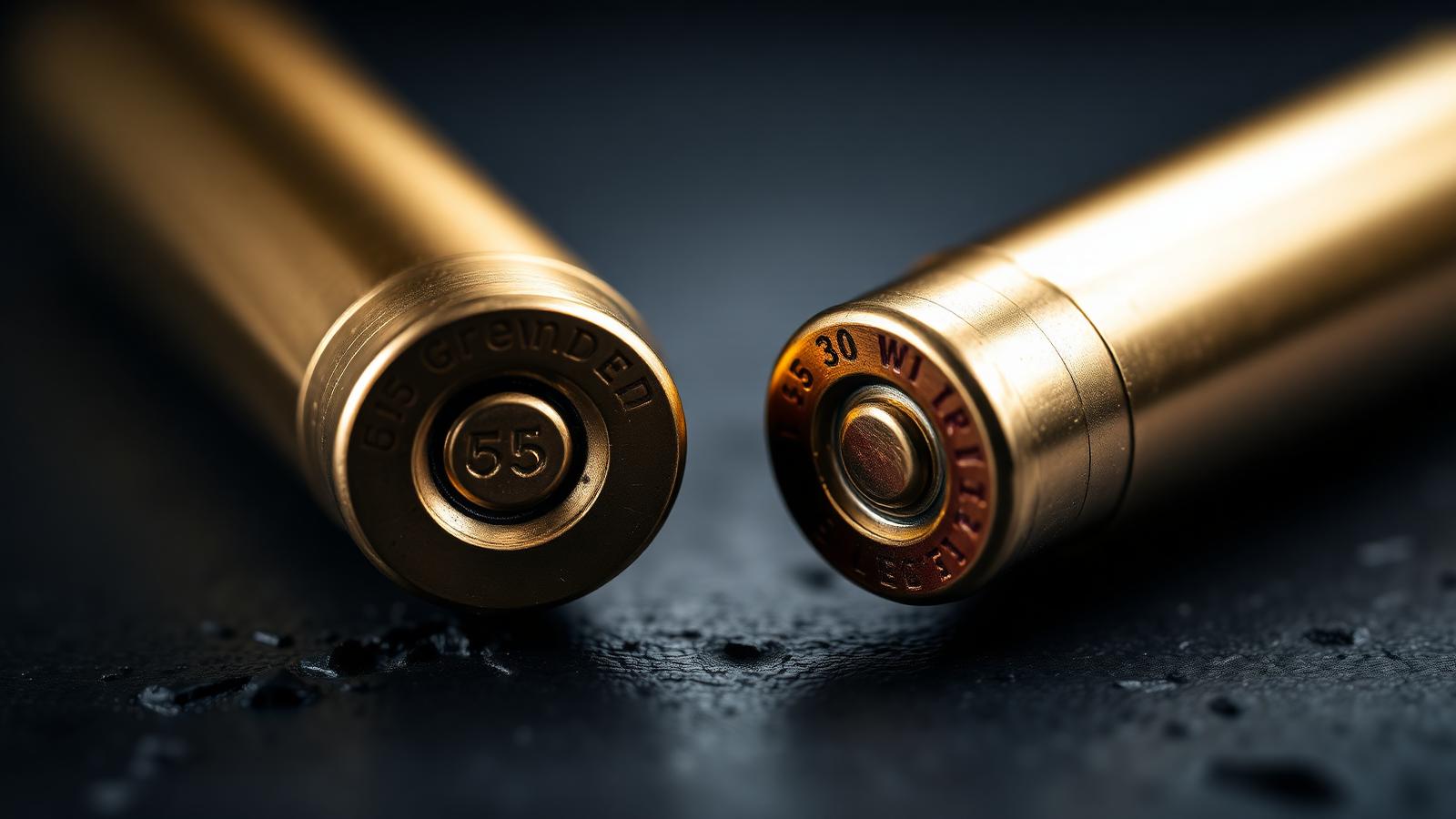 Two rifle cartridges shown side by side on dark slate, 6.5 Grendel and .308 Winchester.