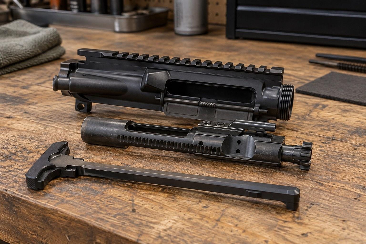 Disassembled black rifle components arranged on a wooden workbench, including the upper receiver, bolt assembly, and stock.
