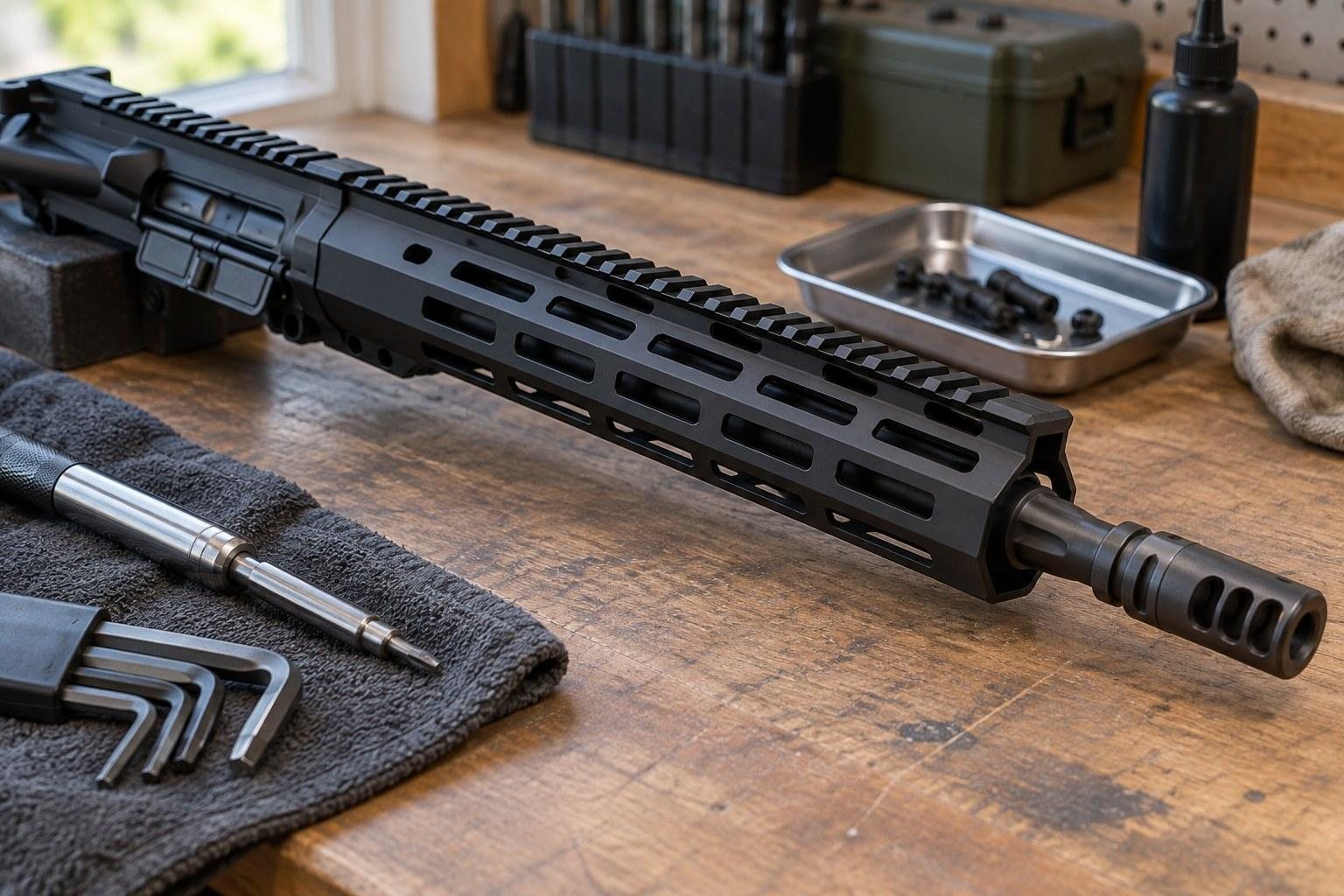 Close view of a black rifle on a wooden workbench, with cleaning tools, a tray, and storage containers nearby.