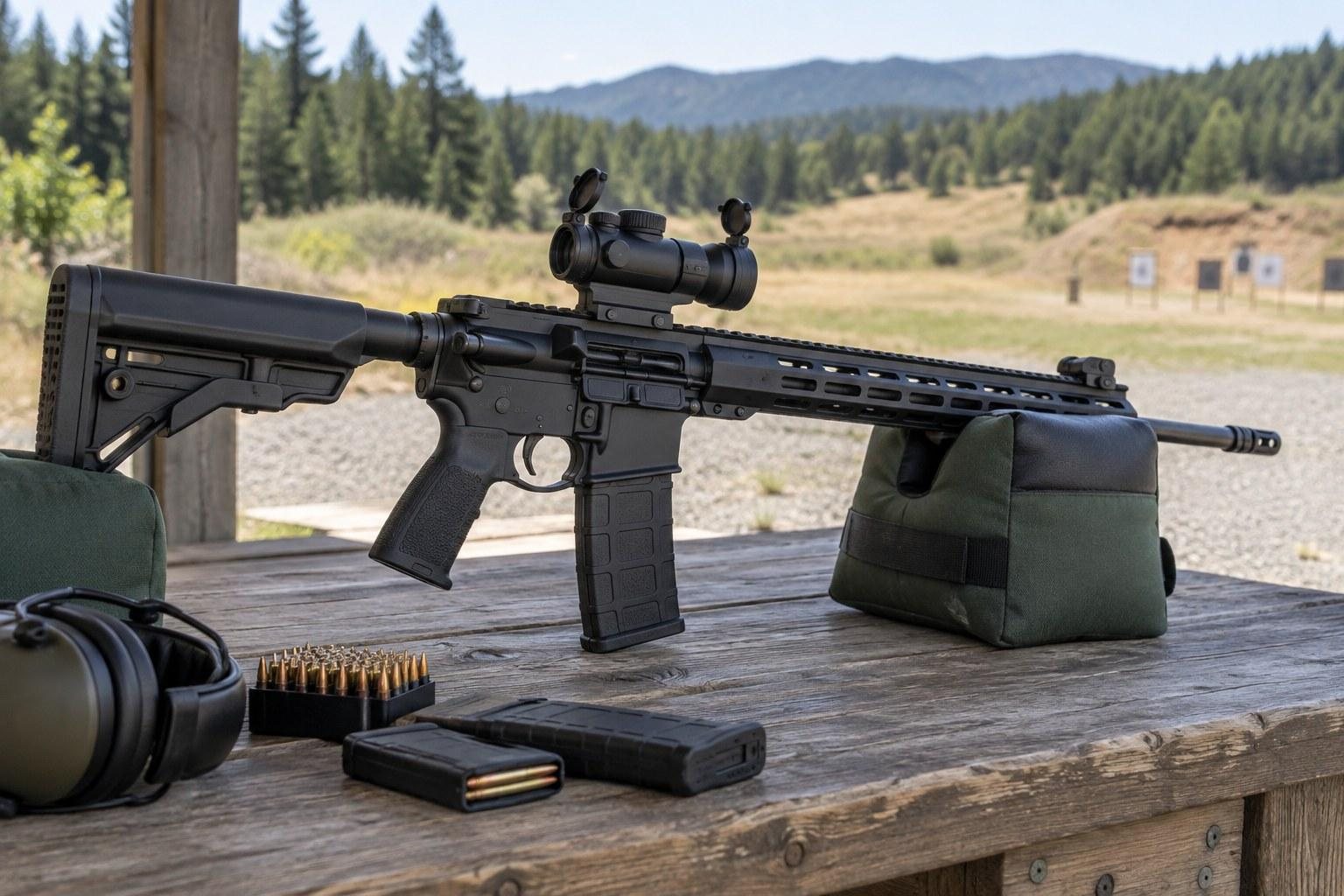 Black scoped rifle resting on sandbags atop an outdoor wooden bench, with forested mountains behind it.