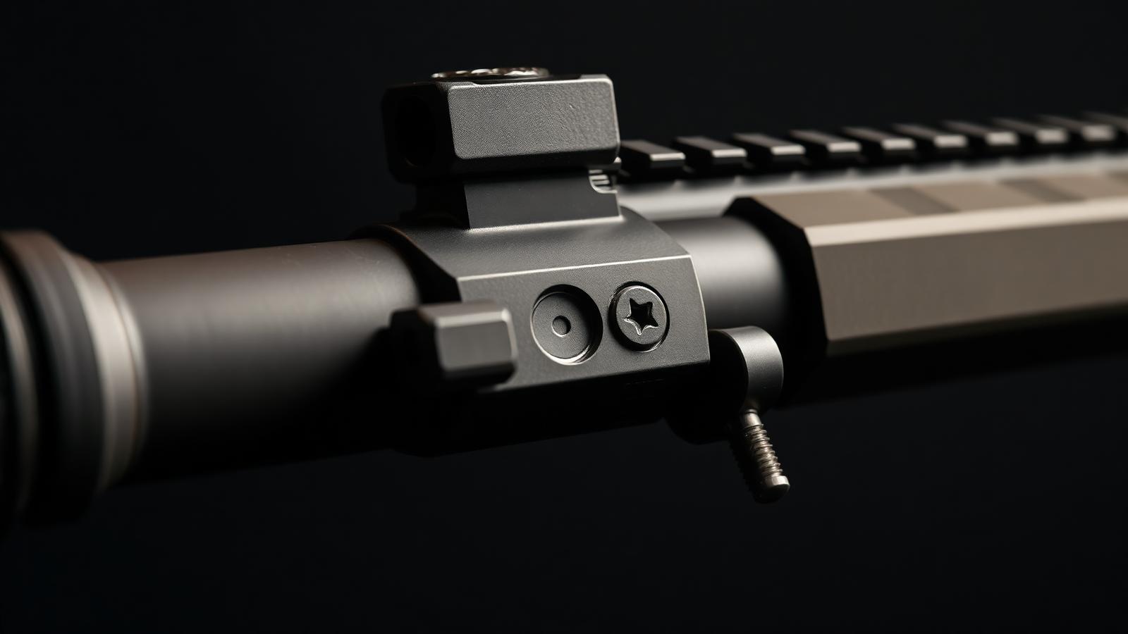 A macro close-up of an adjustable low-profile gas block installed on an AR-15 barrel.
