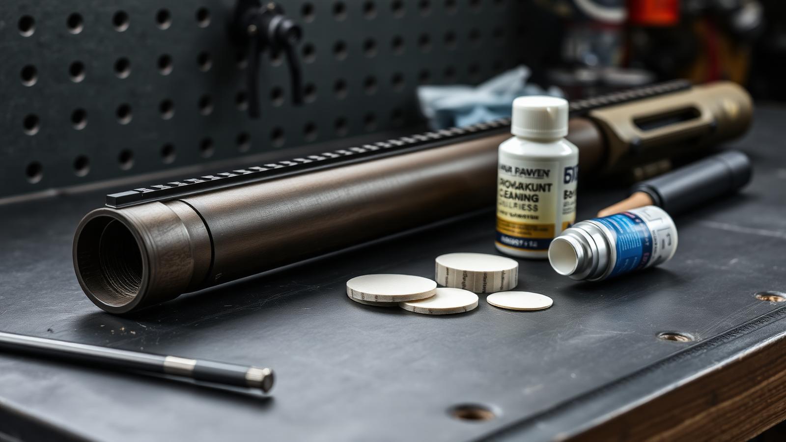 A new AR-15 barrel with cleaning rod, patches, and bore solvent laid out on a dark slate workbench.