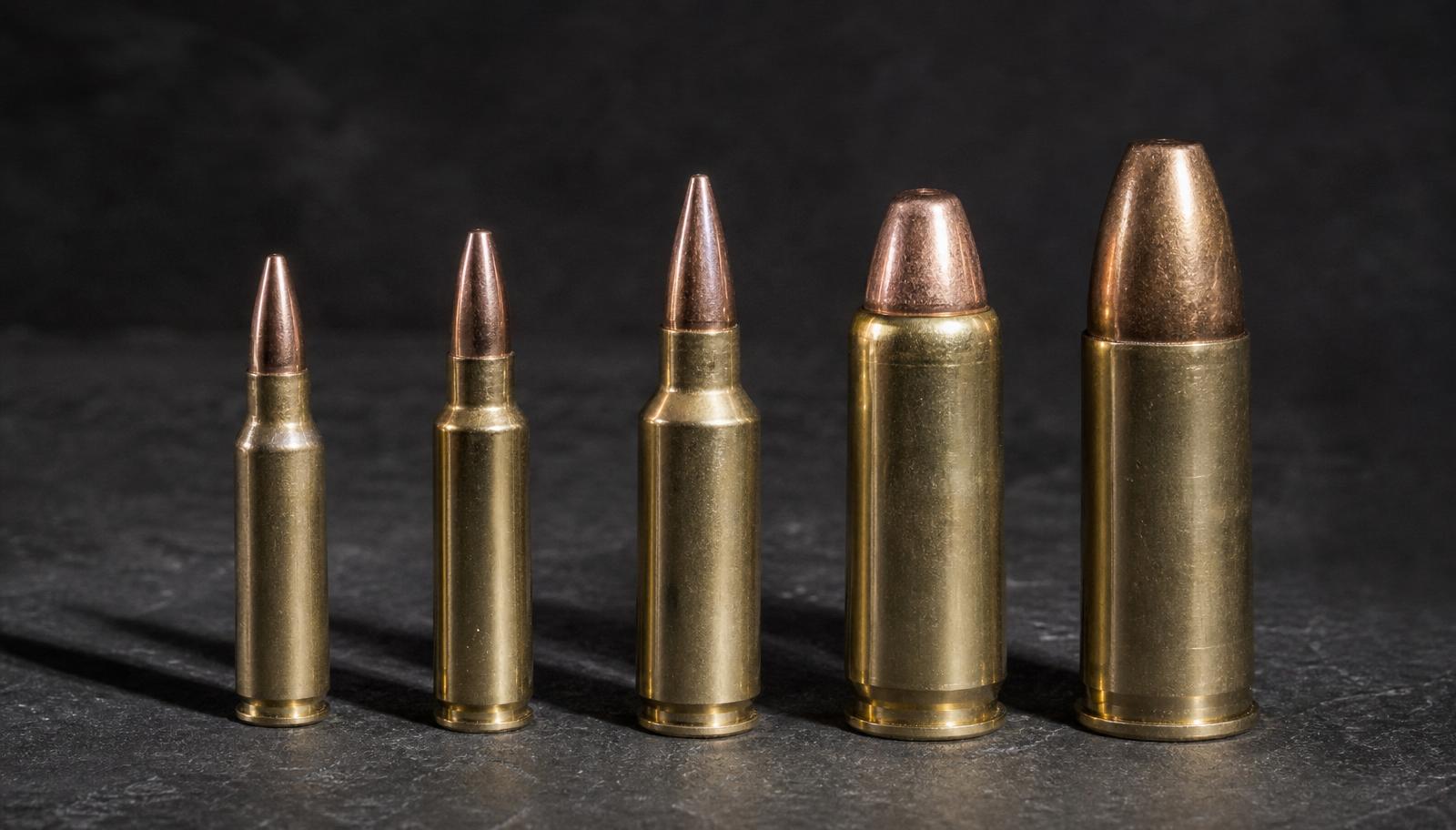 Five rifle cartridges standing upright on a dark slate surface, arranged from smallest to largest to show the range of AR-15 caliber options.