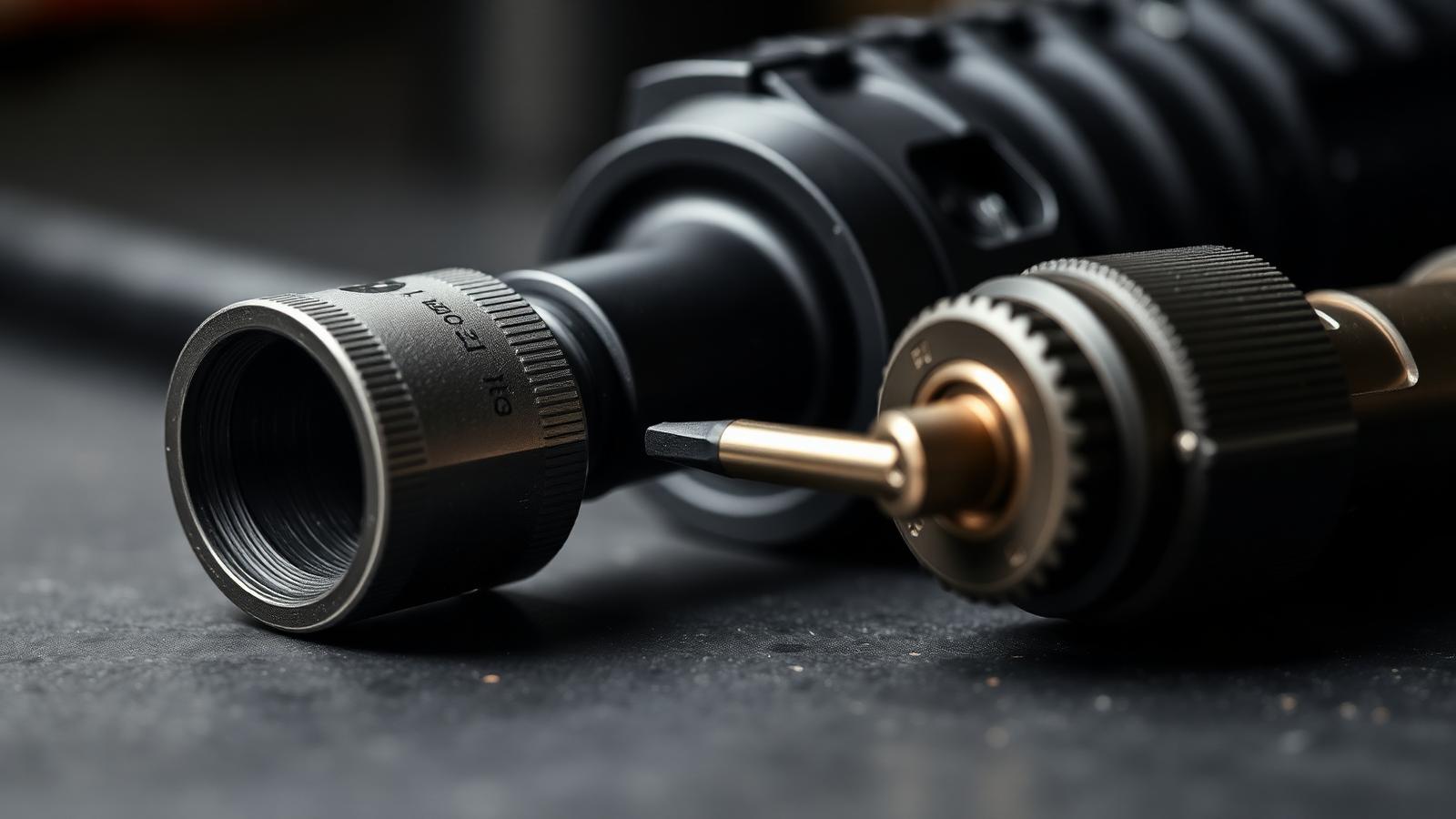 A headspace gauge shown next to an AR-15 barrel extension on a dark slate workbench.