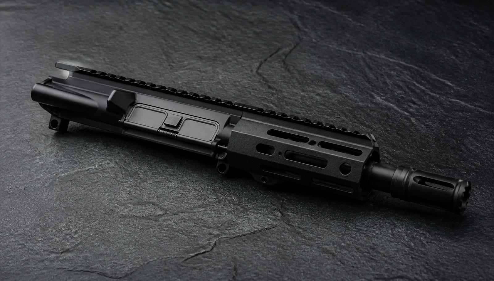 AR-15 pistol upper receiver with 7.5 inch barrel, short M-LOK handguard, and blast can muzzle device on dark slate.