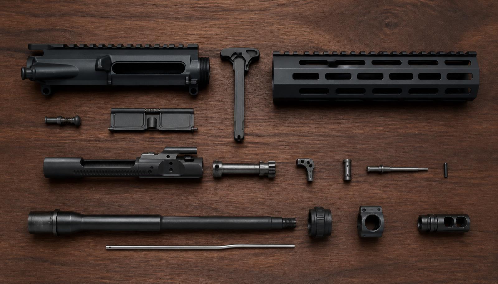 Top-down exploded flat lay of AR-15 upper receiver group components on a dark walnut workbench: receiver, BCG, charging handle, barrel, gas block, gas tube, handguard, and muzzle device.