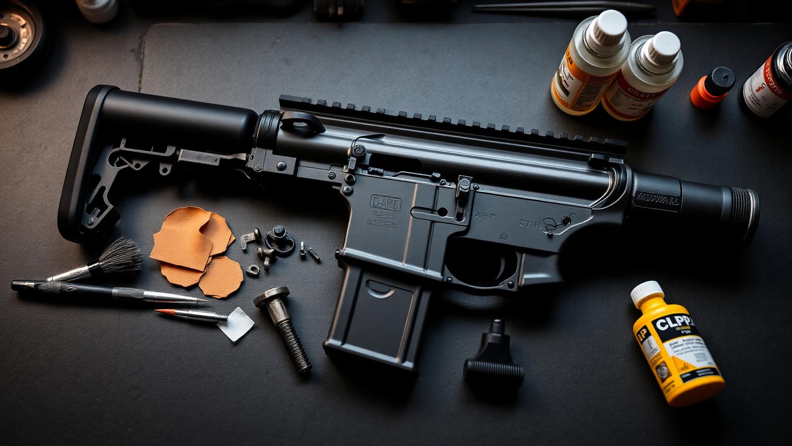 An AR-15 upper receiver partially disassembled on a workbench with cleaning brushes, patches, and CLP bottles.